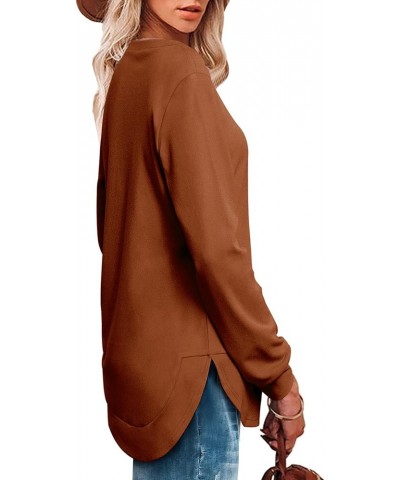 Womens Sweatshirt Crewneck Long Sleeve Shirts for Women High Low Tops Curved Hem 04-caramel $18.89 Hoodies & Sweatshirts