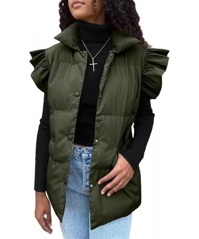 Womens Puffer Vest Ruffle Sleeve Button Down Sleeveless Padded Coat with Pocket Army Green $16.18 Vests