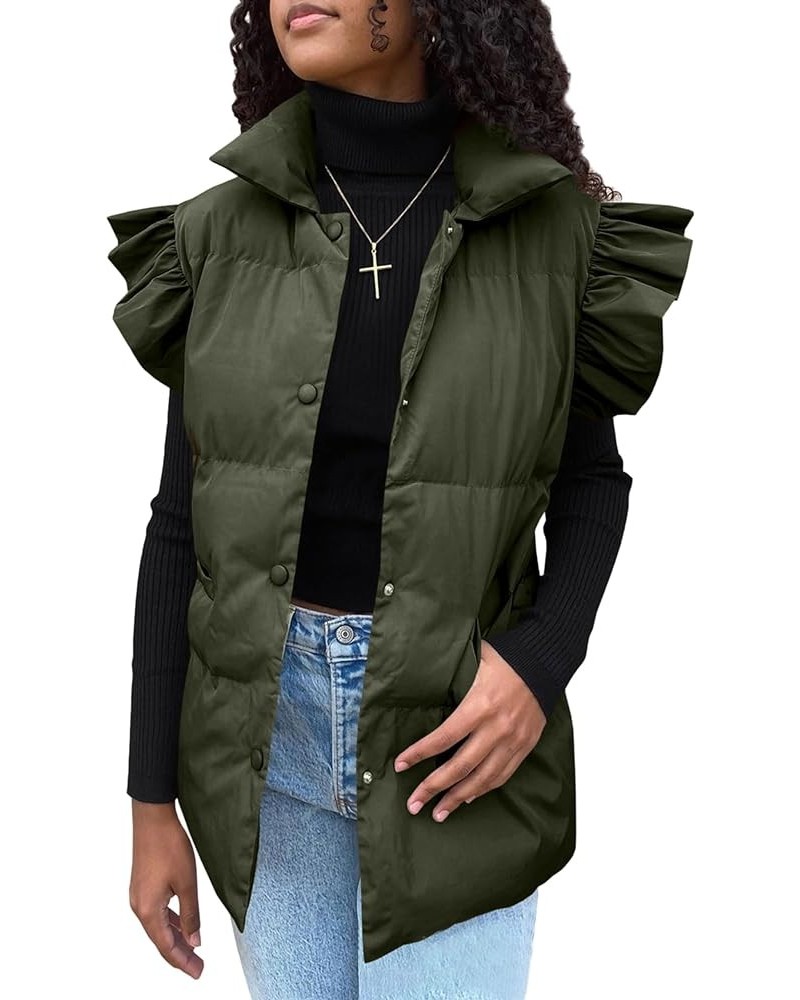 Womens Puffer Vest Ruffle Sleeve Button Down Sleeveless Padded Coat with Pocket Army Green $16.18 Vests