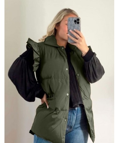 Womens Puffer Vest Ruffle Sleeve Button Down Sleeveless Padded Coat with Pocket Army Green $16.18 Vests