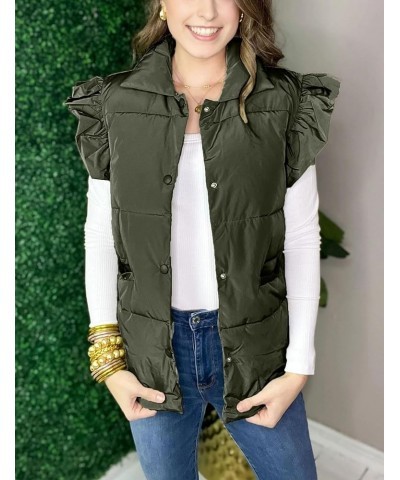 Womens Puffer Vest Ruffle Sleeve Button Down Sleeveless Padded Coat with Pocket Army Green $16.18 Vests