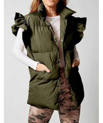 Womens Puffer Vest Ruffle Sleeve Button Down Sleeveless Padded Coat with Pocket Army Green $16.18 Vests