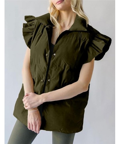 Womens Puffer Vest Ruffle Sleeve Button Down Sleeveless Padded Coat with Pocket Army Green $16.18 Vests