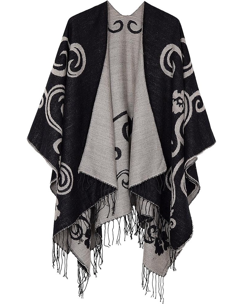 Women's Printed Tassel Open Front Poncho Cape Cardigan Wrap Shawl Series 10-black $19.90 Sweaters