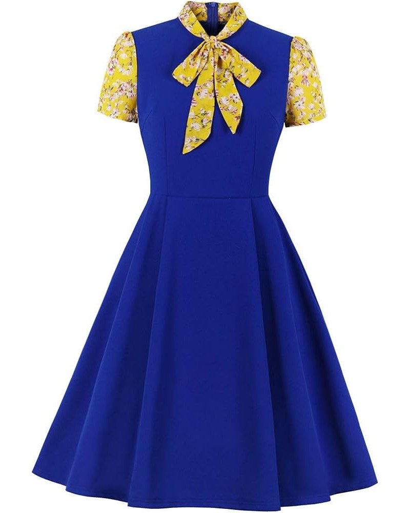 Women's 1940s Vintage Dress Short Sleeve Bow Tie Neck Party Swing Dress B-blue $14.72 Dresses