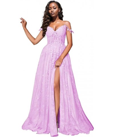 Women's Spaghetti Straps Prom Dresses Lace Appliques Off Shoulder Tulle Sexy Split Long Formal Evening Party Gowns New Lilac ...