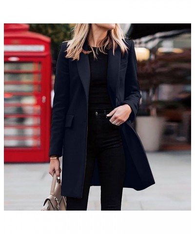 Women's Elegant Wool Blend Trench Coat With Belt Winter Notch Collar Open Front Long Jacket Ladies Fashion Pea Coats X08-navy...