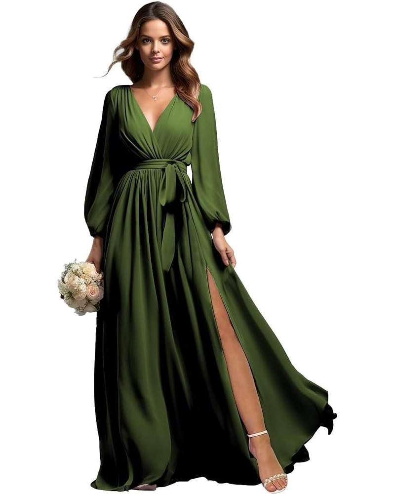 Long Sleeve Bridesmaid Dresses for Women Chiffon V-Neck Formal Evening Gowns with Slit Olive Green $30.75 Dresses