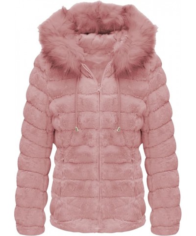 Women Double Sided Faux Fur Jacket Spring and Winter Fashion Reversible Hood Puffer Coat with Fur Collar Pink $44.19 Coats