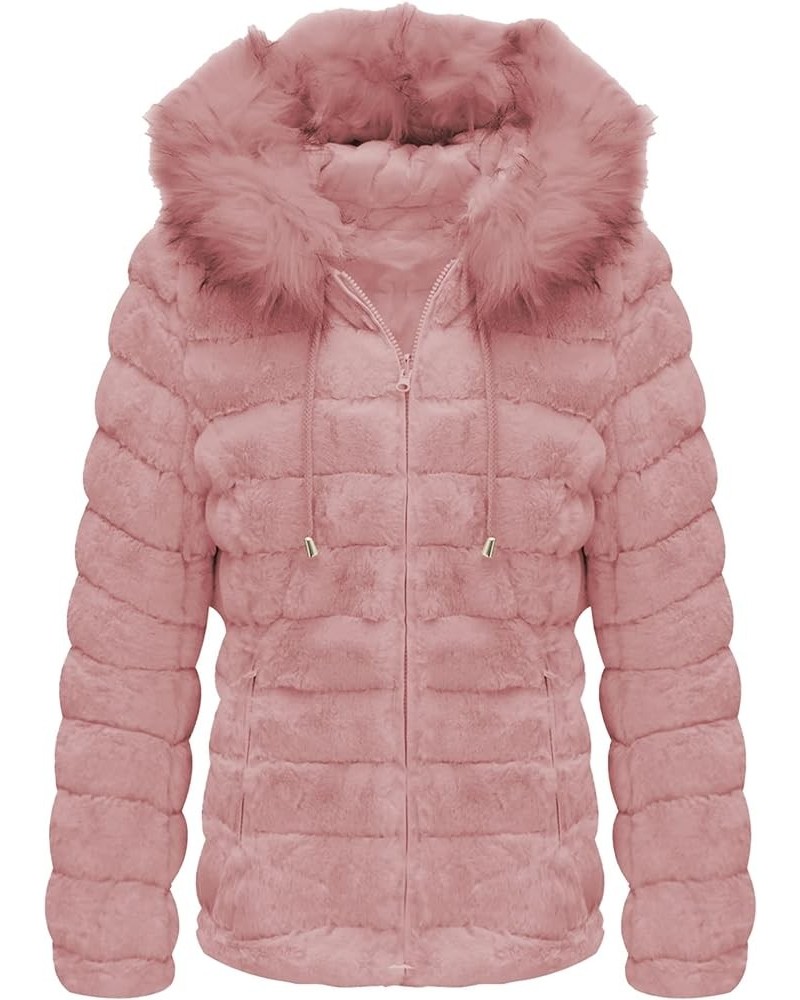 Women Double Sided Faux Fur Jacket Spring and Winter Fashion Reversible Hood Puffer Coat with Fur Collar Pink $44.19 Coats