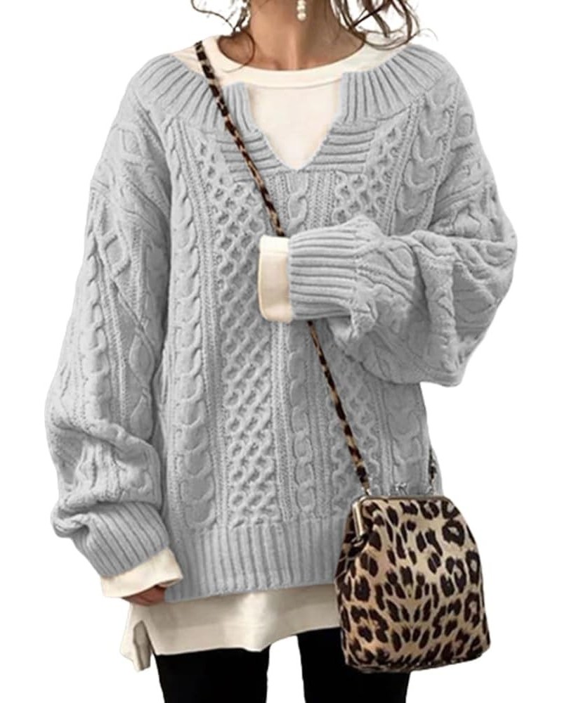 Slouchy Cable Knit Sweater Women Fall Fashion V-Neck,Sleeve Loose Cable Knit Sweater Pullover Small B $20.29 Sweaters