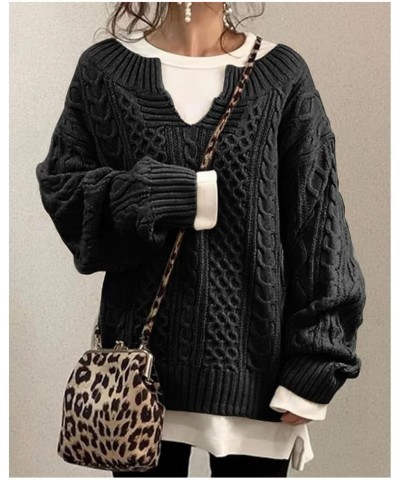 Slouchy Cable Knit Sweater Women Fall Fashion V-Neck,Sleeve Loose Cable Knit Sweater Pullover Small B $20.29 Sweaters