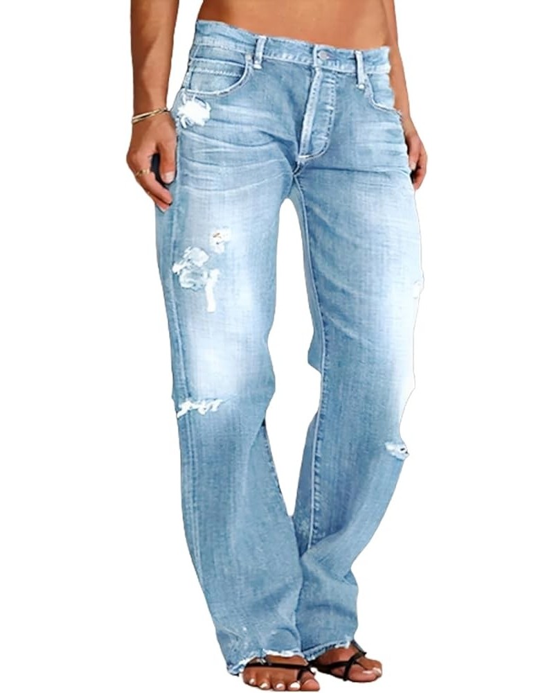 Straight Leg Jeans Ripped Raw Hem 90s Streetwear Low Waist Casual Denim Wide Leg Trousers Light Blue $21.92 Jeans