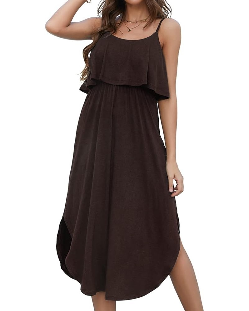 Women's Adjustable Strappy Split Summer Beach Casual Midi Dress Coffee $16.72 Dresses