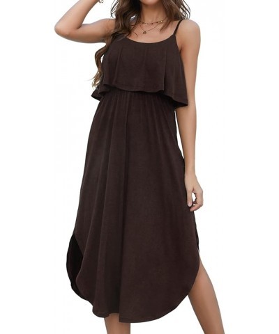 Women's Adjustable Strappy Split Summer Beach Casual Midi Dress Coffee $16.72 Dresses