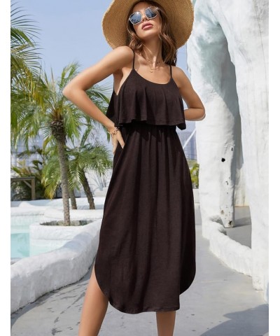 Women's Adjustable Strappy Split Summer Beach Casual Midi Dress Coffee $16.72 Dresses