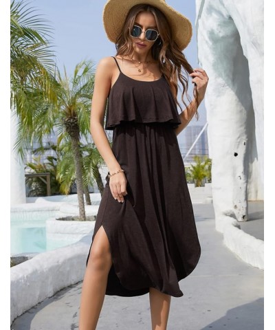 Women's Adjustable Strappy Split Summer Beach Casual Midi Dress Coffee $16.72 Dresses