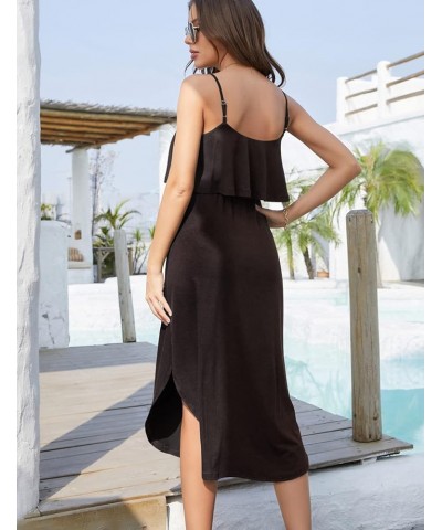 Women's Adjustable Strappy Split Summer Beach Casual Midi Dress Coffee $16.72 Dresses