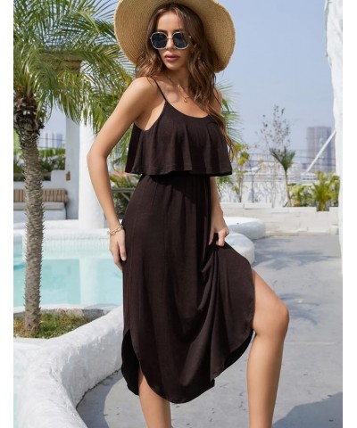 Women's Adjustable Strappy Split Summer Beach Casual Midi Dress Coffee $16.72 Dresses