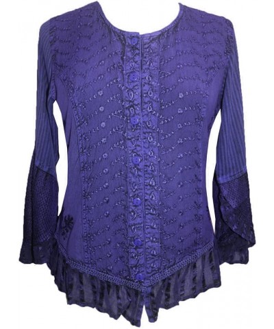 Women's Medieval Long Sleeve Embroidered Ruffle Netted Button Down Top Blouse Purple $22.65 Blouses