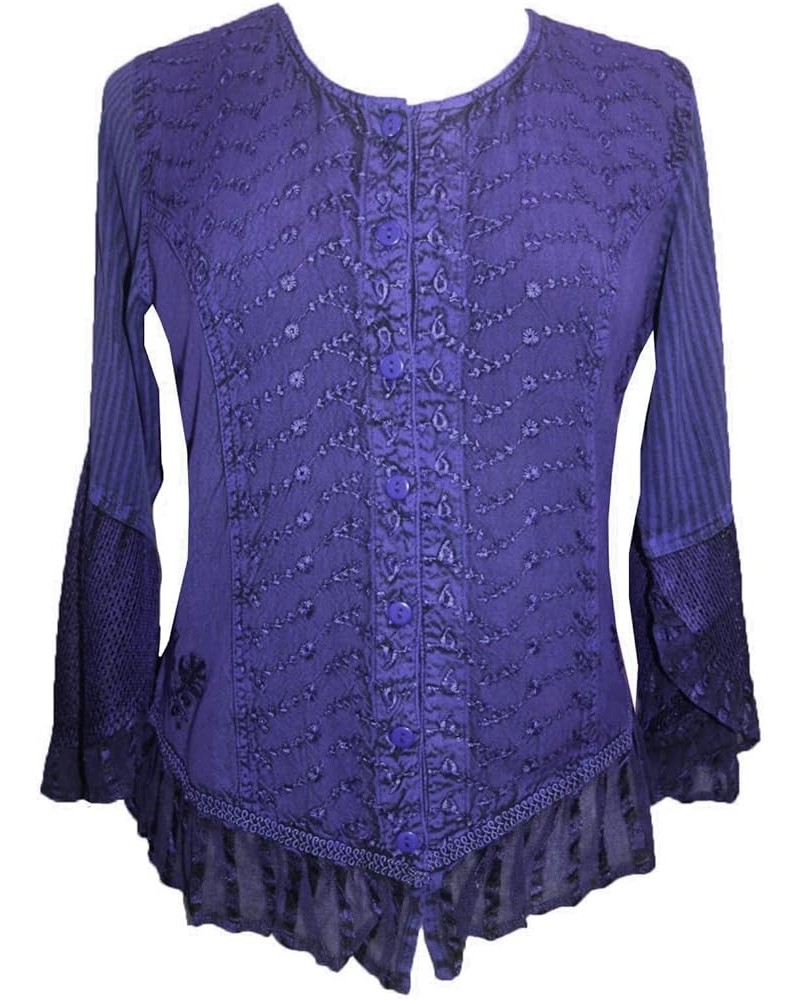 Women's Medieval Long Sleeve Embroidered Ruffle Netted Button Down Top Blouse Purple $22.65 Blouses