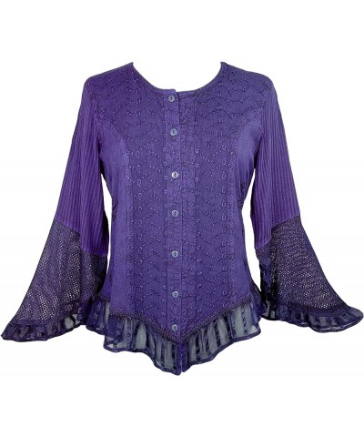 Women's Medieval Long Sleeve Embroidered Ruffle Netted Button Down Top Blouse Purple $22.65 Blouses