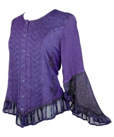 Women's Medieval Long Sleeve Embroidered Ruffle Netted Button Down Top Blouse Purple $22.65 Blouses