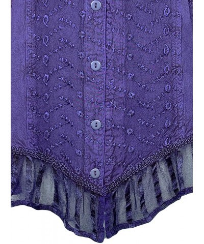 Women's Medieval Long Sleeve Embroidered Ruffle Netted Button Down Top Blouse Purple $22.65 Blouses