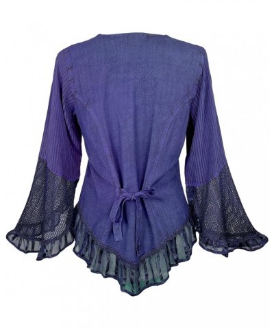 Women's Medieval Long Sleeve Embroidered Ruffle Netted Button Down Top Blouse Purple $22.65 Blouses