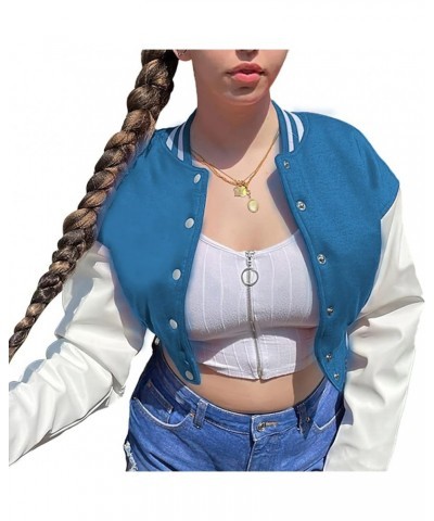 Women's Casual Baseball Jacket Faux Leather Colorblock Button Crop Bomber Jacket Blue $18.19 Coats