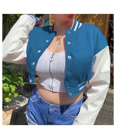 Women's Casual Baseball Jacket Faux Leather Colorblock Button Crop Bomber Jacket Blue $18.19 Coats