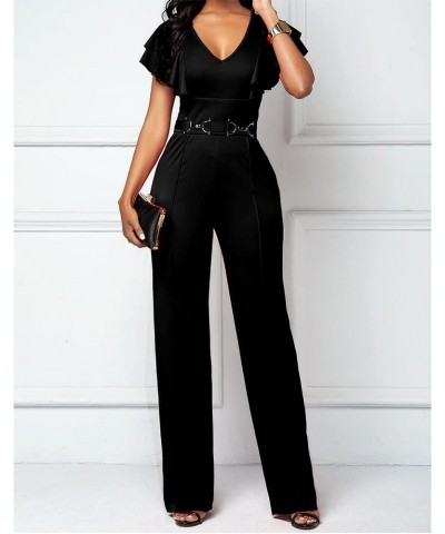 Women's V-Neck Jumpsuit High Waist Short Sleeve Ruffled Loose Long Wide Leg Pants Black $20.40 Jumpsuits