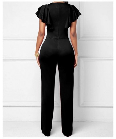 Women's V-Neck Jumpsuit High Waist Short Sleeve Ruffled Loose Long Wide Leg Pants Black $20.40 Jumpsuits