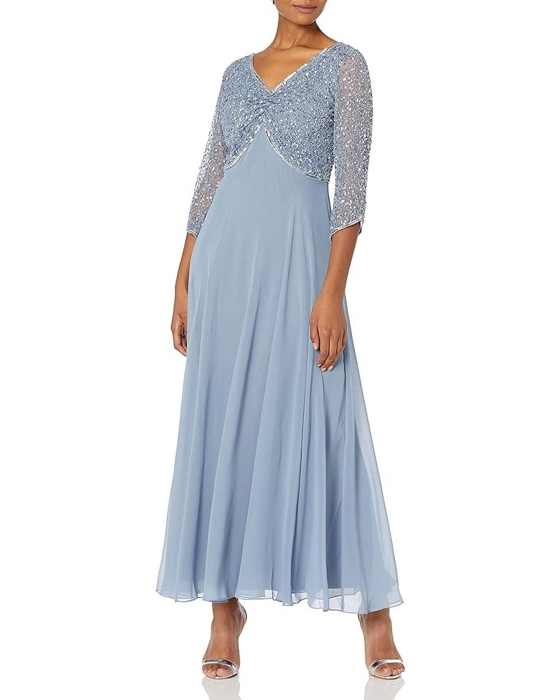 Women's 3/4 Sleeve V-Neck Beaded Top Long Gown Dusty Blue/Blue/Silver $41.31 Dresses