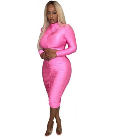 2 Piece Skirt Set Long Sleeve Crop Bodycon Night Out Set Bubble Pink $17.60 Suits