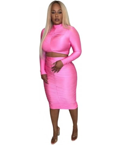 2 Piece Skirt Set Long Sleeve Crop Bodycon Night Out Set Bubble Pink $17.60 Suits