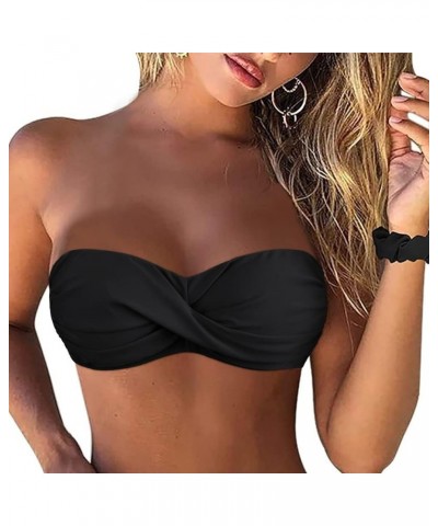 Women Strapless Bikini Tops Retro Twist Front Bathing Suit Tops Push Up Bandeau Swimsuit Black $19.79 Swimsuits