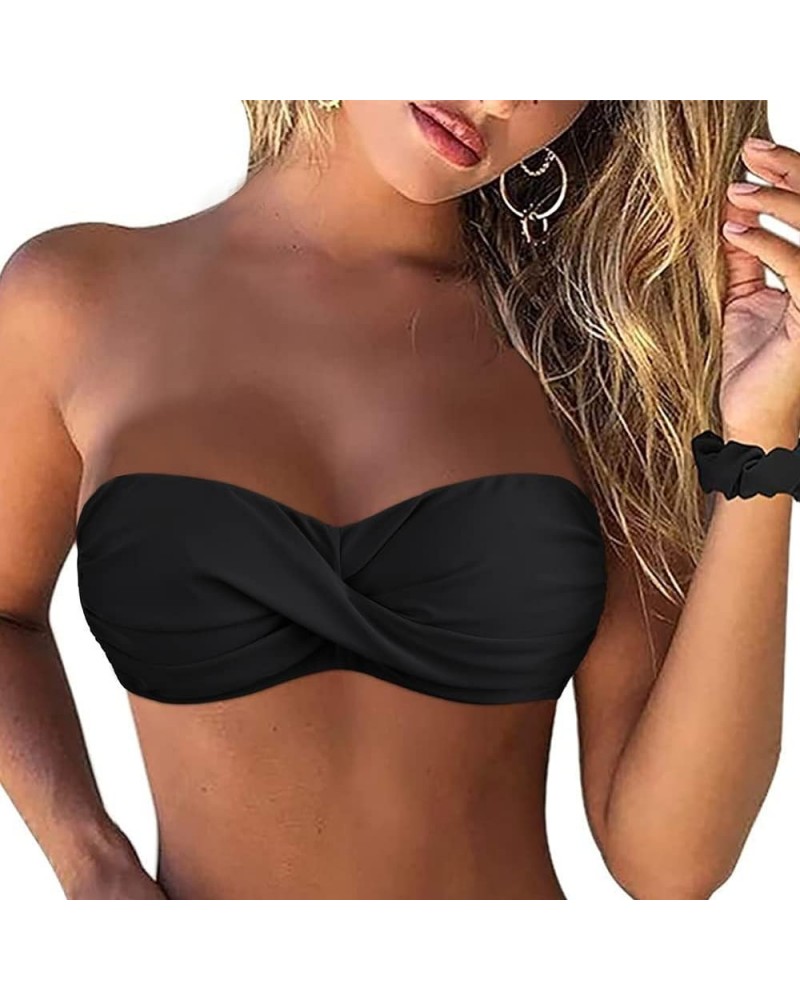 Women Strapless Bikini Tops Retro Twist Front Bathing Suit Tops Push Up Bandeau Swimsuit Black $19.79 Swimsuits