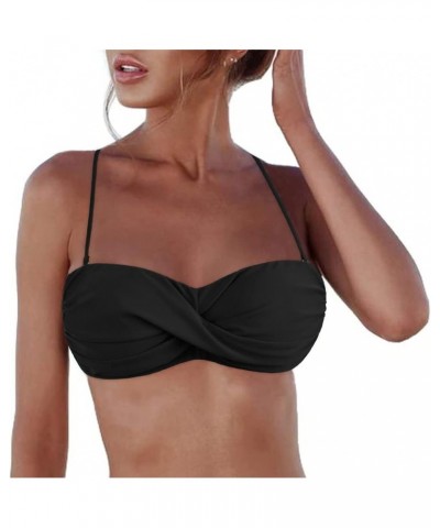 Women Strapless Bikini Tops Retro Twist Front Bathing Suit Tops Push Up Bandeau Swimsuit Black $19.79 Swimsuits