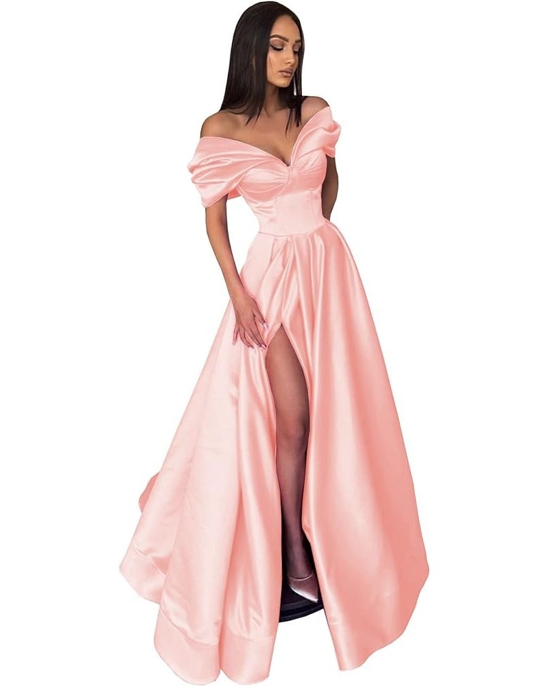 Women’s Off The Shoulder Prom Dresses with Slit Satin Ruched Long Formal Evening Gowns Blush Pink $37.60 Dresses