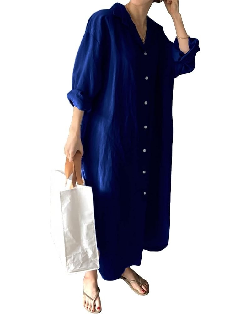 Womens Chic Button Down Rolled-Up Sleeve Long Cotton Blouse Maxi Dress Royal Blue $17.19 Dresses