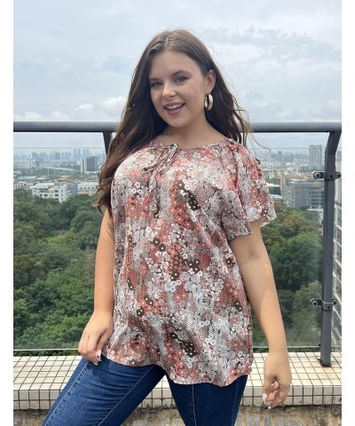 Womens Plus Size Boho Floral Print Tops Casual V Neck Short Sleeve 2023 Summer Drawstring Blouses Shirts A-khaki $15.12 Blouses