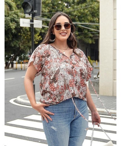 Womens Plus Size Boho Floral Print Tops Casual V Neck Short Sleeve 2023 Summer Drawstring Blouses Shirts A-khaki $15.12 Blouses