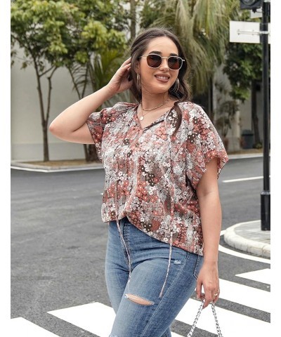 Womens Plus Size Boho Floral Print Tops Casual V Neck Short Sleeve 2023 Summer Drawstring Blouses Shirts A-khaki $15.12 Blouses