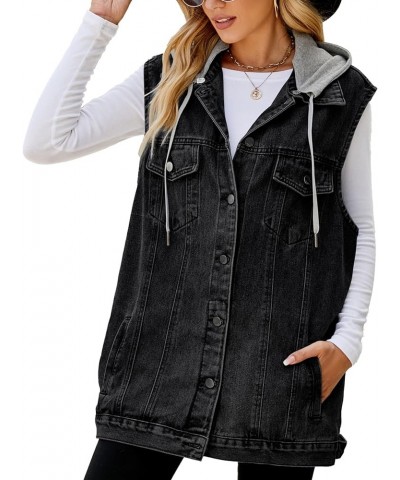 Women's Denim Vest Oversized Jean Lapel Sleeveless Button Down Outerwear Waistcoat Jacket Black Grey With Hat $15.99 Jackets