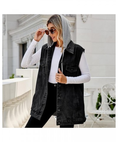 Women's Denim Vest Oversized Jean Lapel Sleeveless Button Down Outerwear Waistcoat Jacket Black Grey With Hat $15.99 Jackets