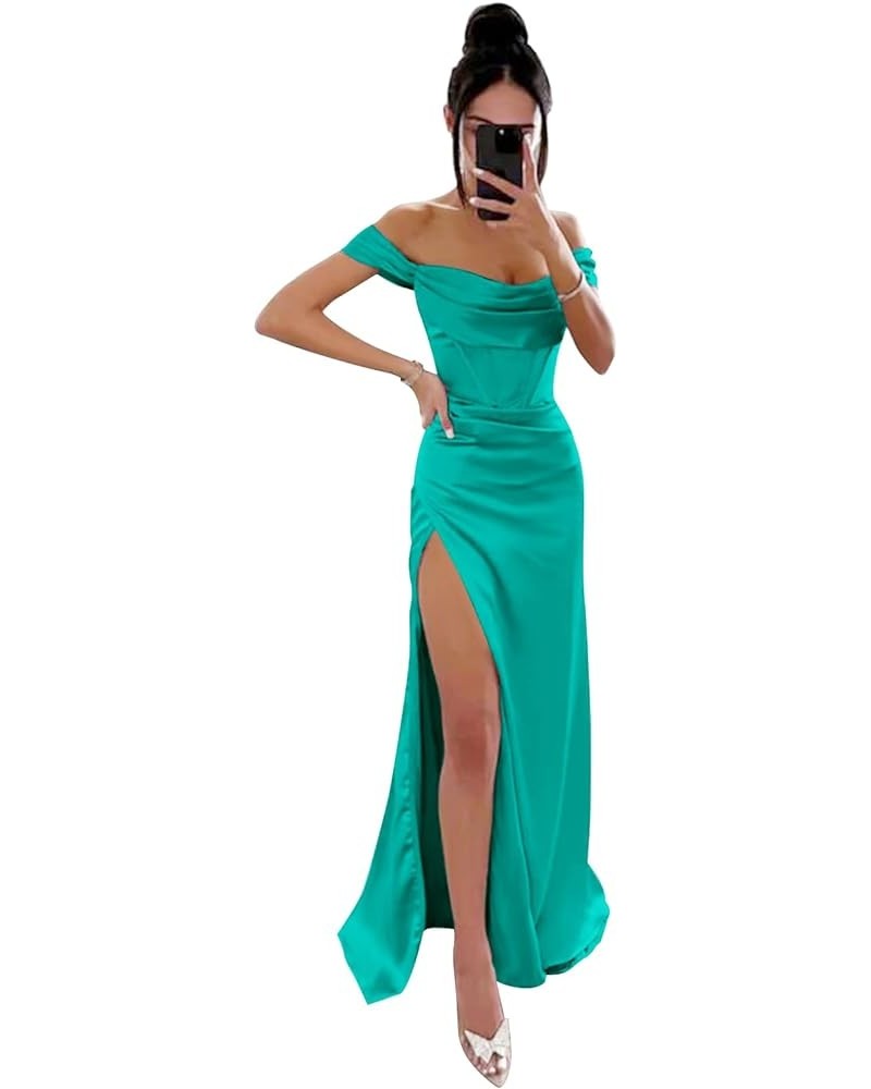 Women's Off Shoulder Mermaid Prom Dresses with Slit Long Satin Corset Formal Party Gowns Bridesmaid Dresses Turquoise $31.49 ...