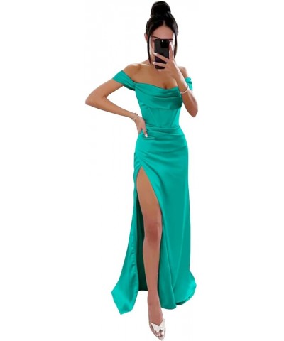 Women's Off Shoulder Mermaid Prom Dresses with Slit Long Satin Corset Formal Party Gowns Bridesmaid Dresses Turquoise $31.49 ...