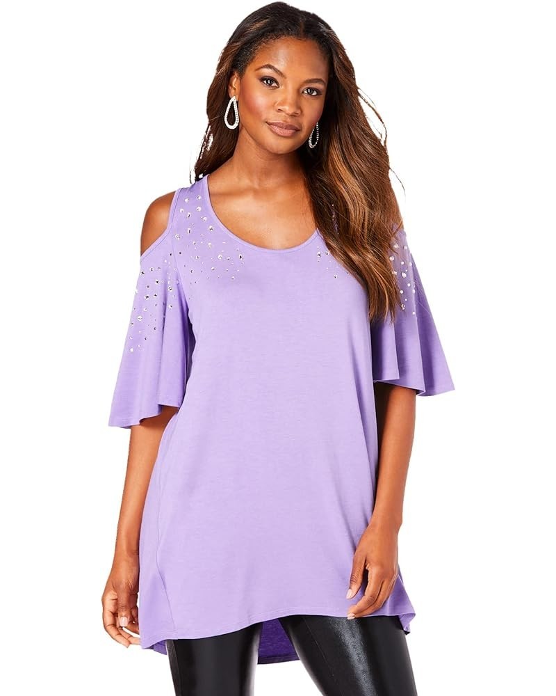 Women's Plus Size Cold-Shoulder Ultra Femme Tunic Vintage Lavender Rhinestone $22.92 Tops