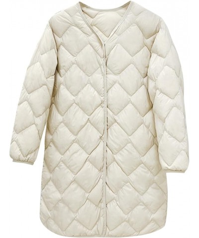 Plus Size Women Long Quilted Coat Collarless Long Sleeve Puffer Jacket Padded Down Winter Warm Loose Fit Outerwear White $26....